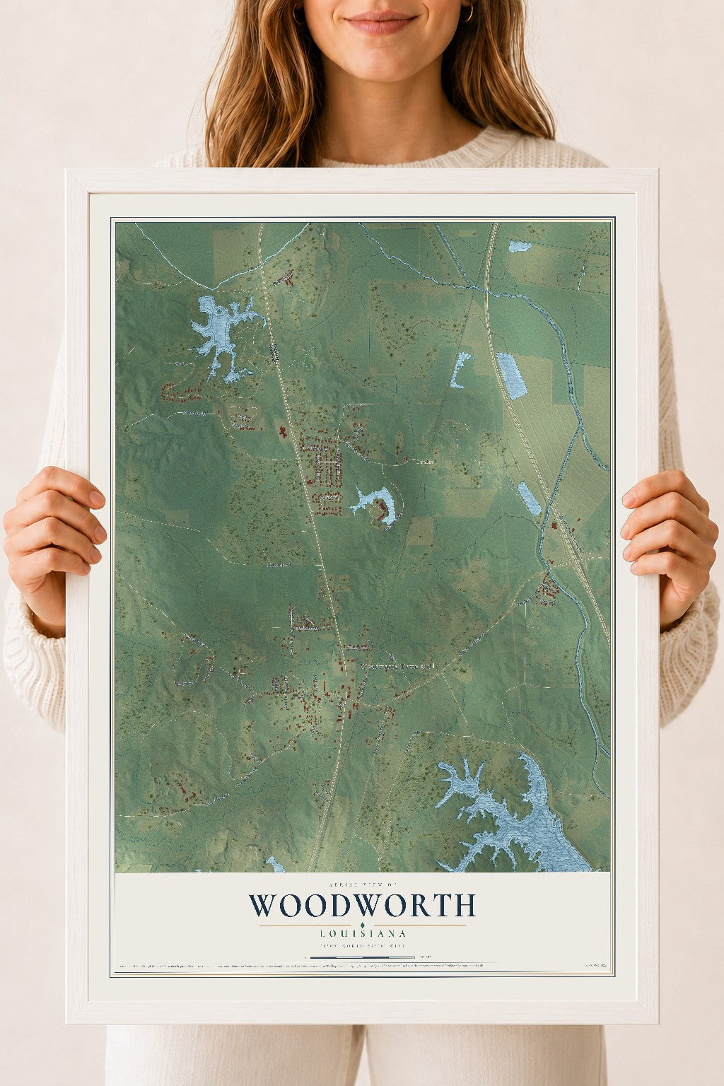 Map of Woodworth, Louisiana, 18 x 24 inch print in a white wood frame