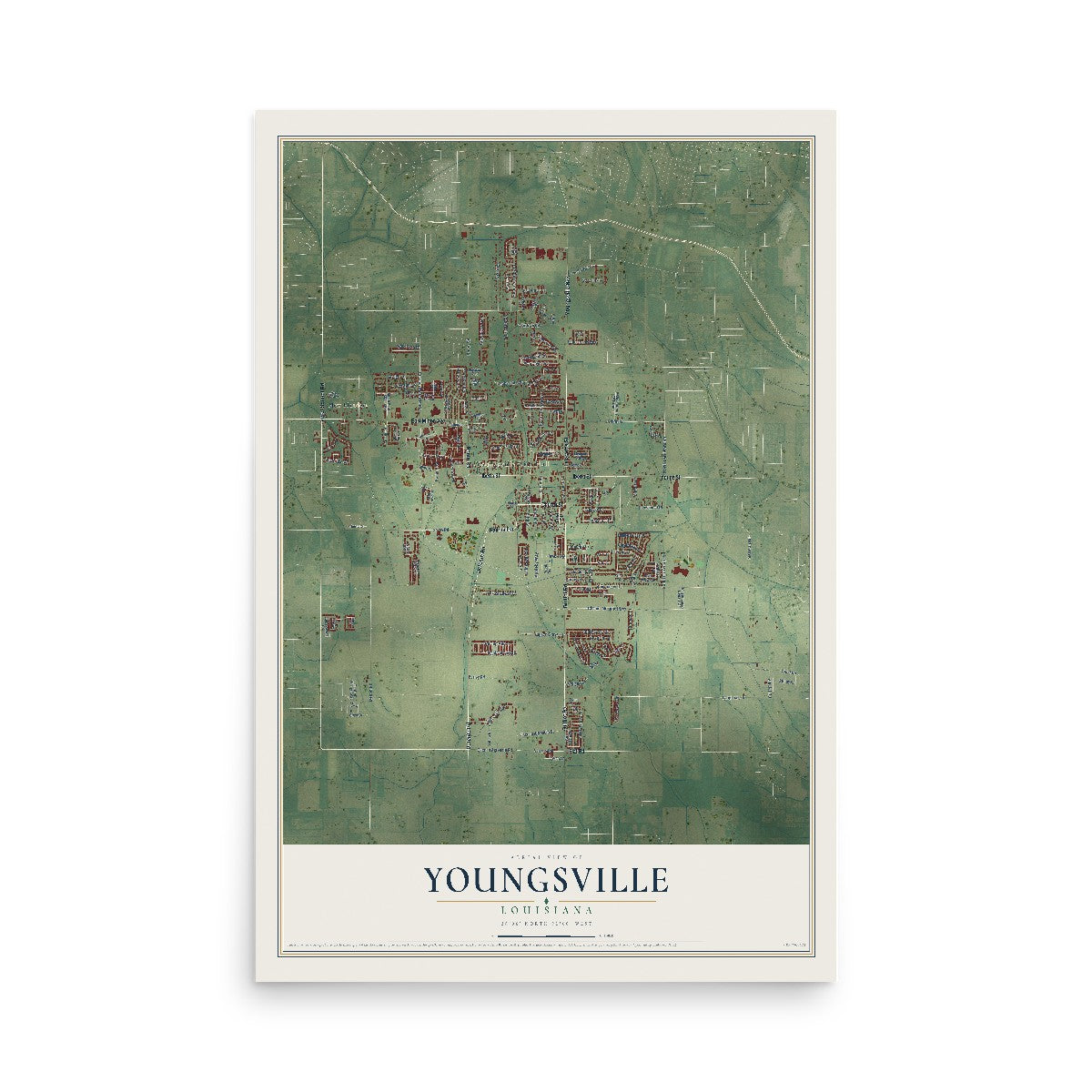 Map of Youngsville, Louisiana, 12 x 18 inch unframed archival matte print