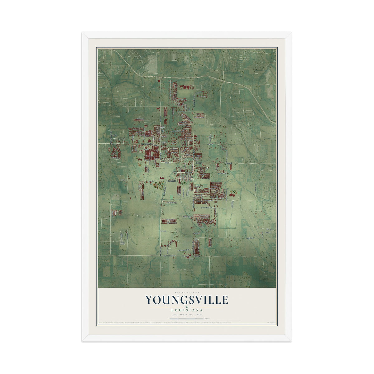 Map of Youngsville, Louisiana, 12 x 18 inch print in a white wood frame