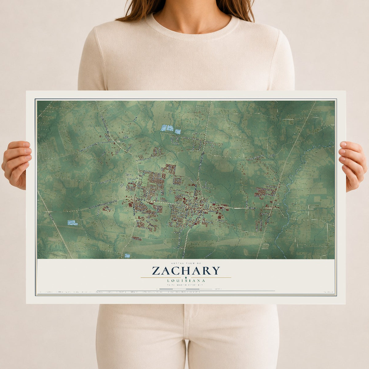 Map of Zachary, Louisiana, 12 x 18 inch unframed archival matte print