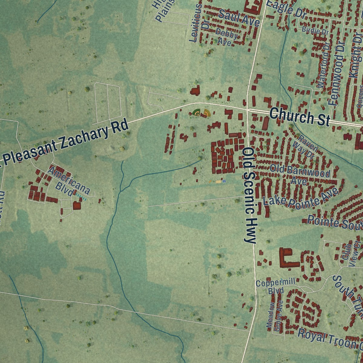 Second close-up of the map of Zachary, Louisiana print showing more streets and buildings
