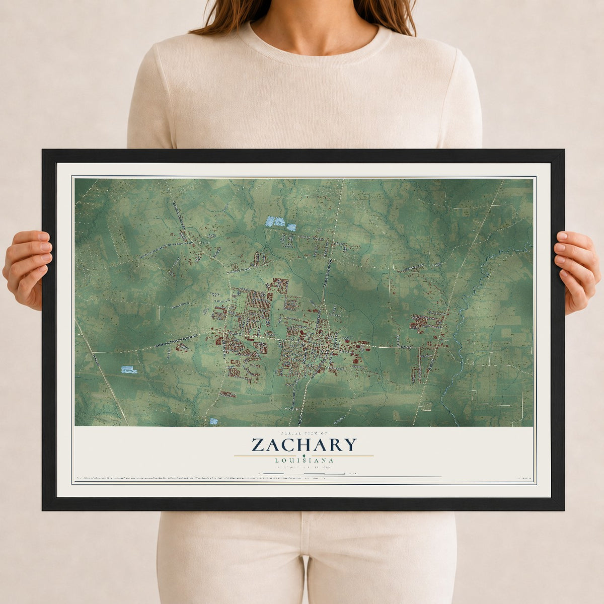 Map of Zachary, Louisiana, 12 x 18 inch print in a black wood frame