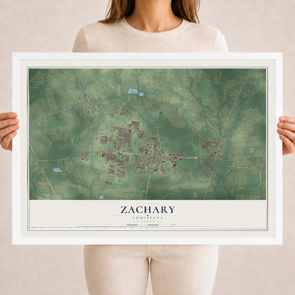 Map of Zachary, Louisiana, 18 x 24 inch print in a white wood frame