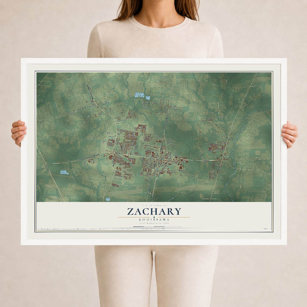 Map of Zachary, Louisiana, 24 x 36 inch print in a white wood frame