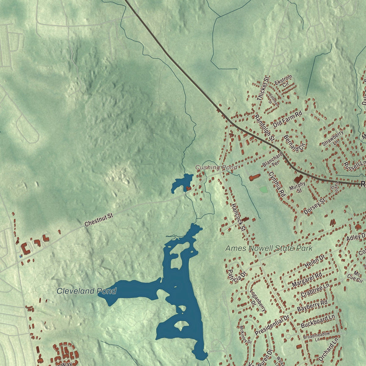 Close-up of the map of Abington, Massachusetts print showing terrain and local geography