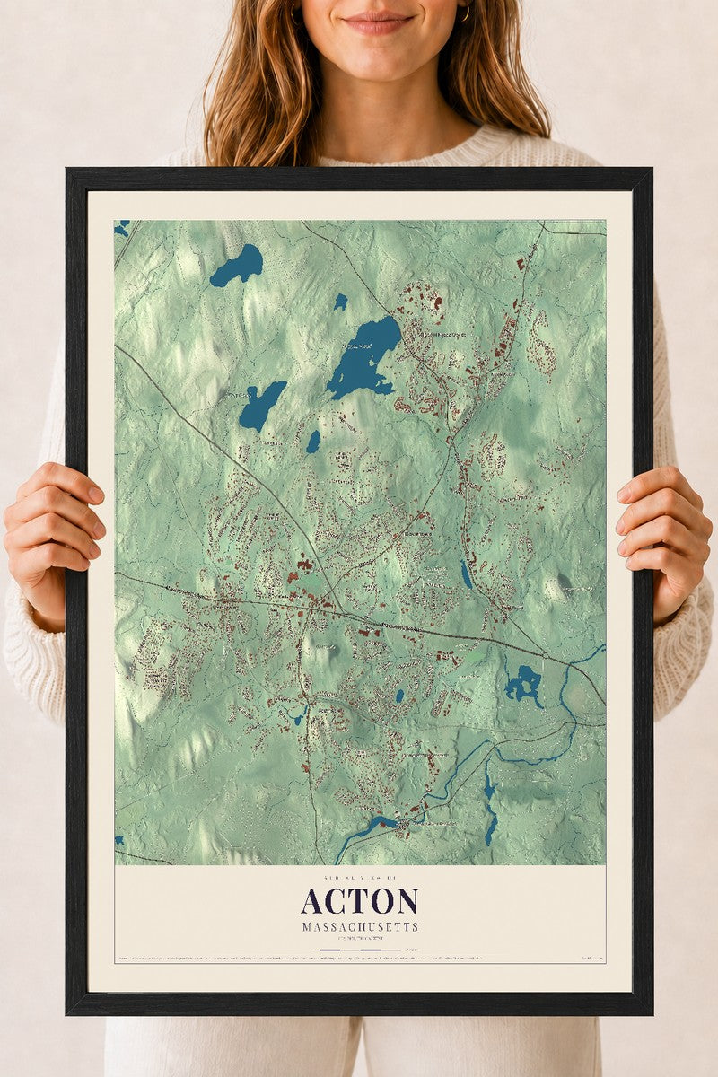 Acton, Massachusetts map print - 18 x 24 black Ayous wood frame