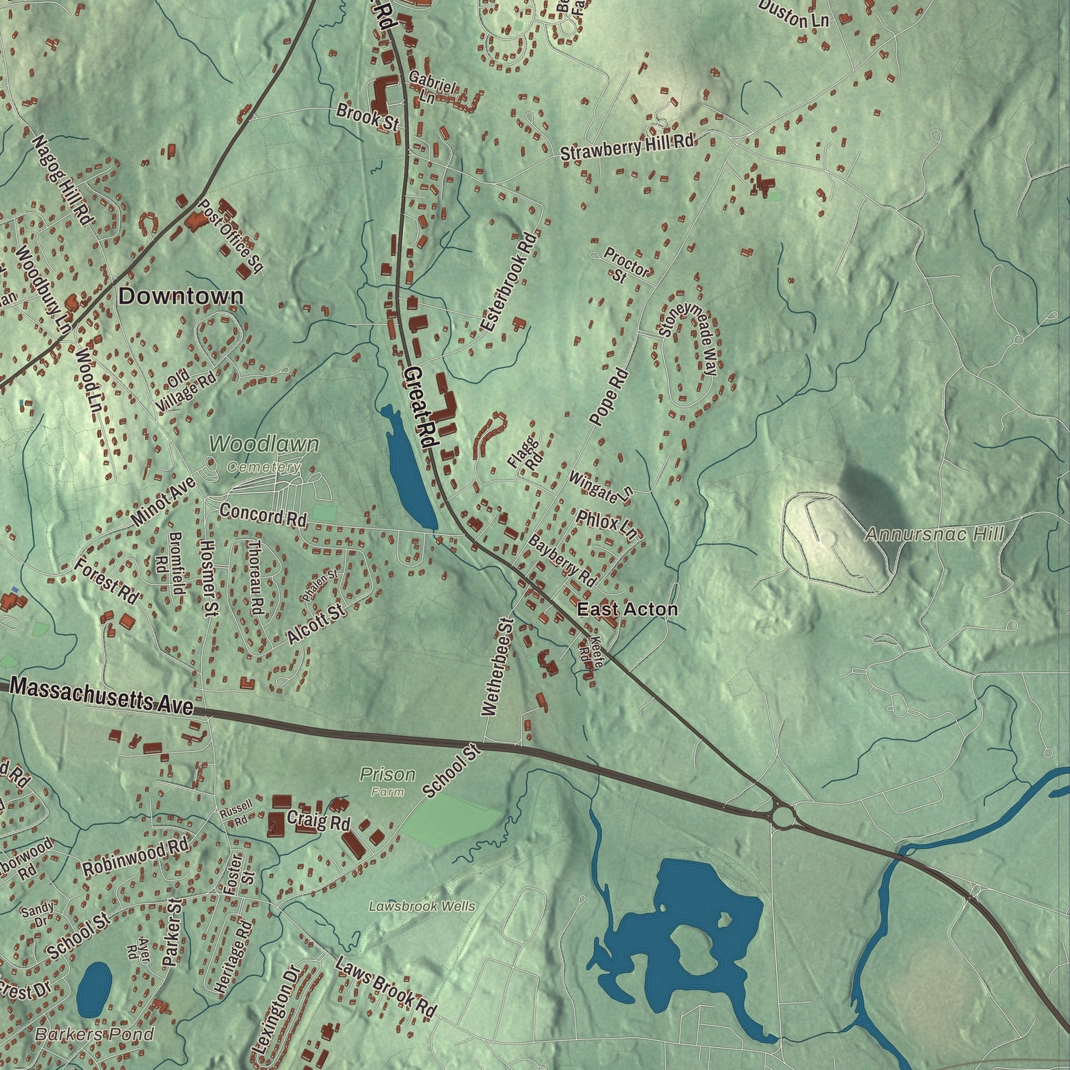 Terrain and local geography detail from the Acton, Massachusetts map