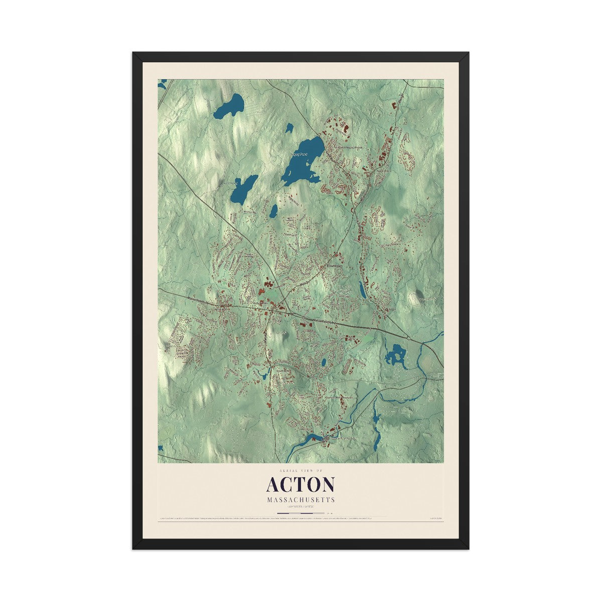 Map of Acton, Massachusetts, 12 x 18 inch print in a black wood frame