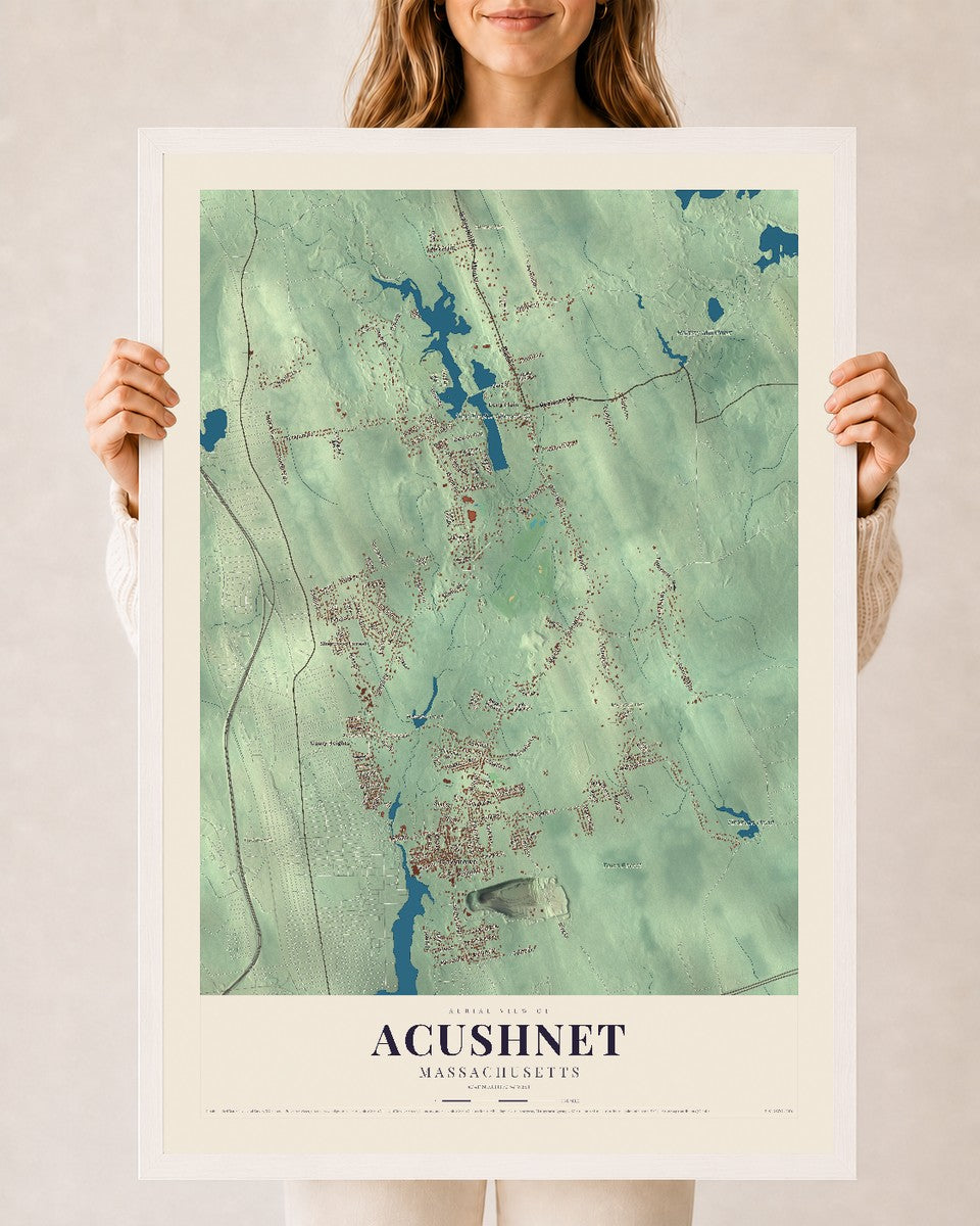 Acushnet, Massachusetts map print - 24 x 36 white Ayous wood frame