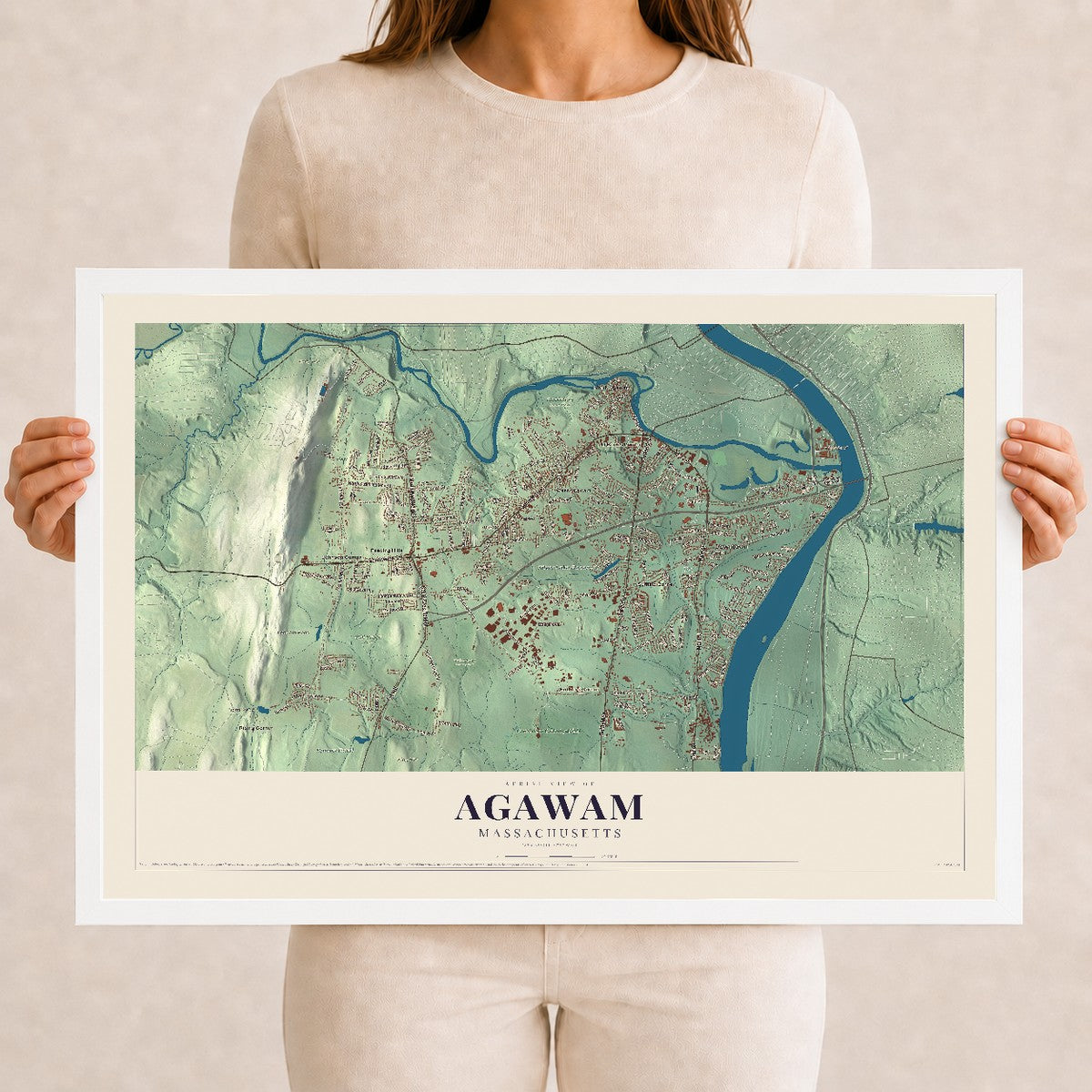 Agawam, Massachusetts map print - 12 x 18 white Ayous wood frame
