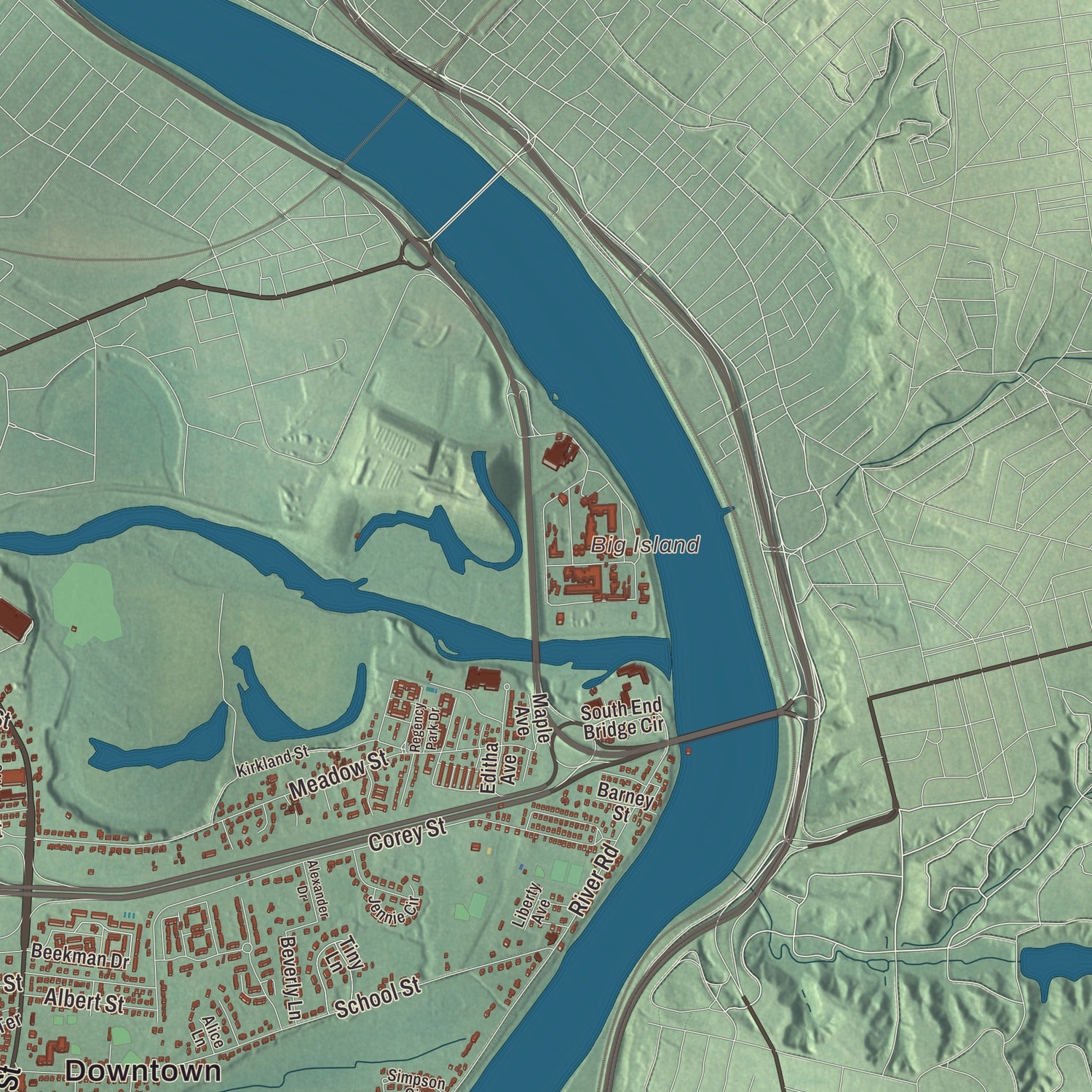 Terrain and local geography detail from the Agawam, Massachusetts map