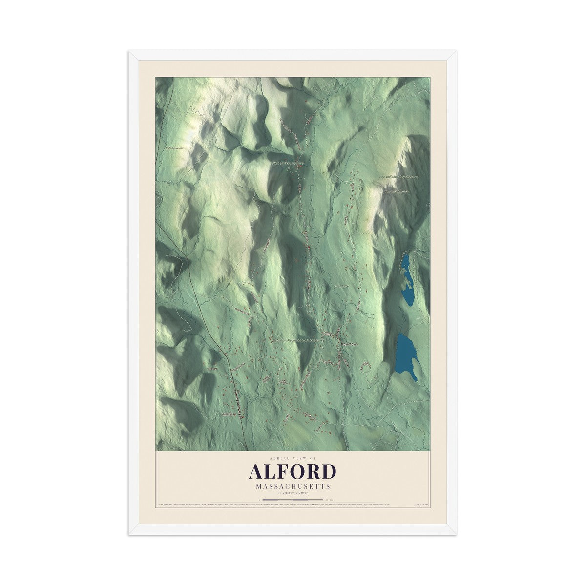 Map of Alford, Massachusetts, 12 x 18 inch print in a white wood frame