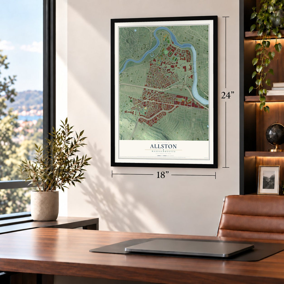 Allston, Massachusetts map, 18 x 24 inch print in a black frame in a home office