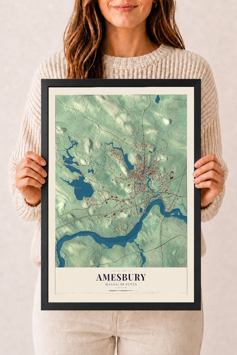 Amesbury, Massachusetts map print - 12 x 18 black Ayous wood frame