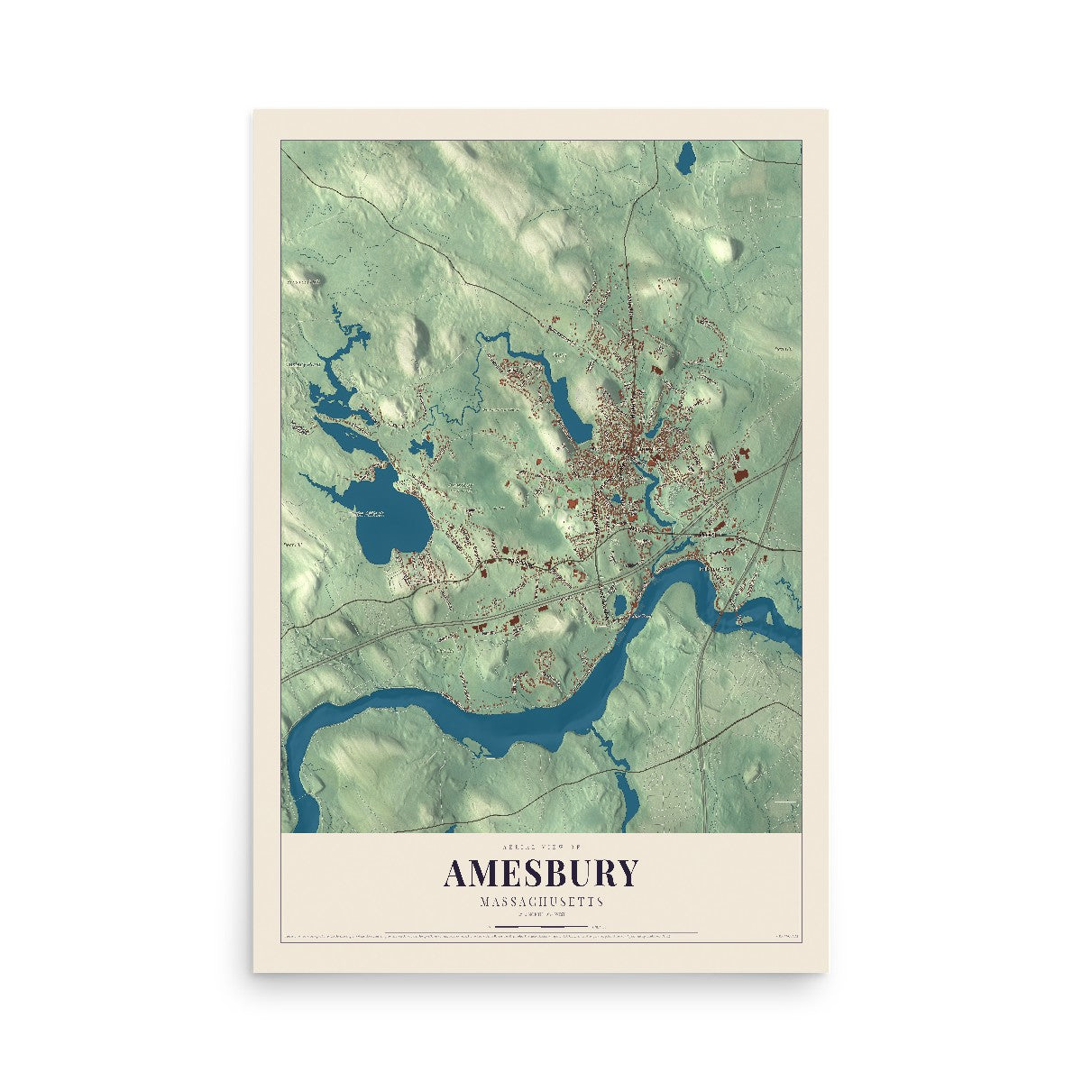 Map of Amesbury, Massachusetts, 12 x 18 inch unframed archival matte print
