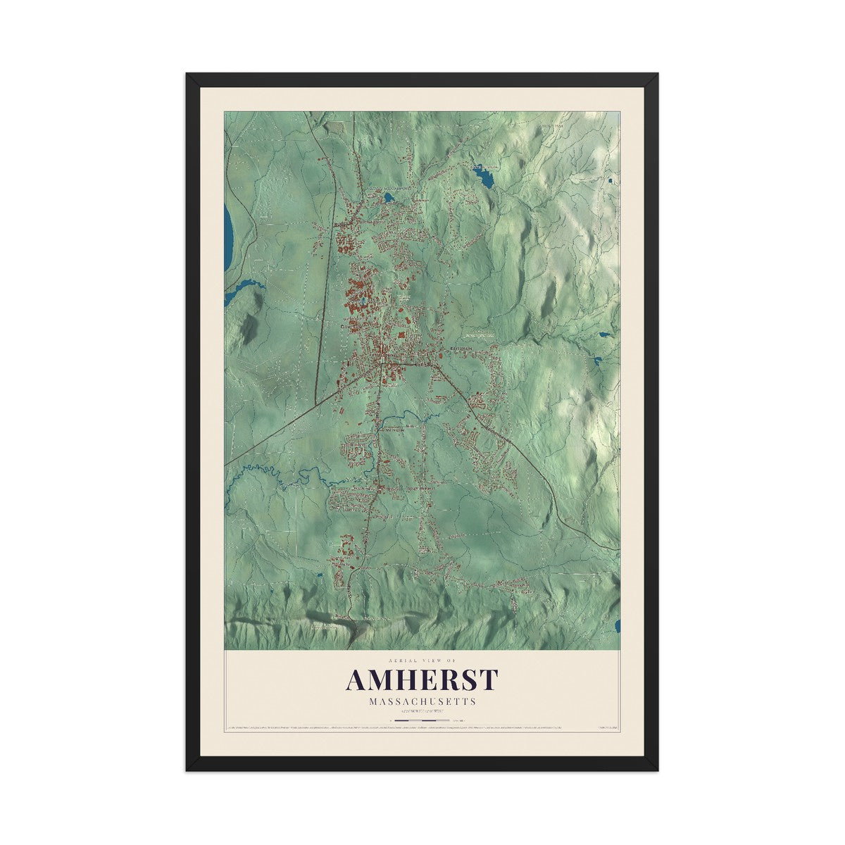 Map of Amherst, Massachusetts, 12 x 18 inch print in a black wood frame