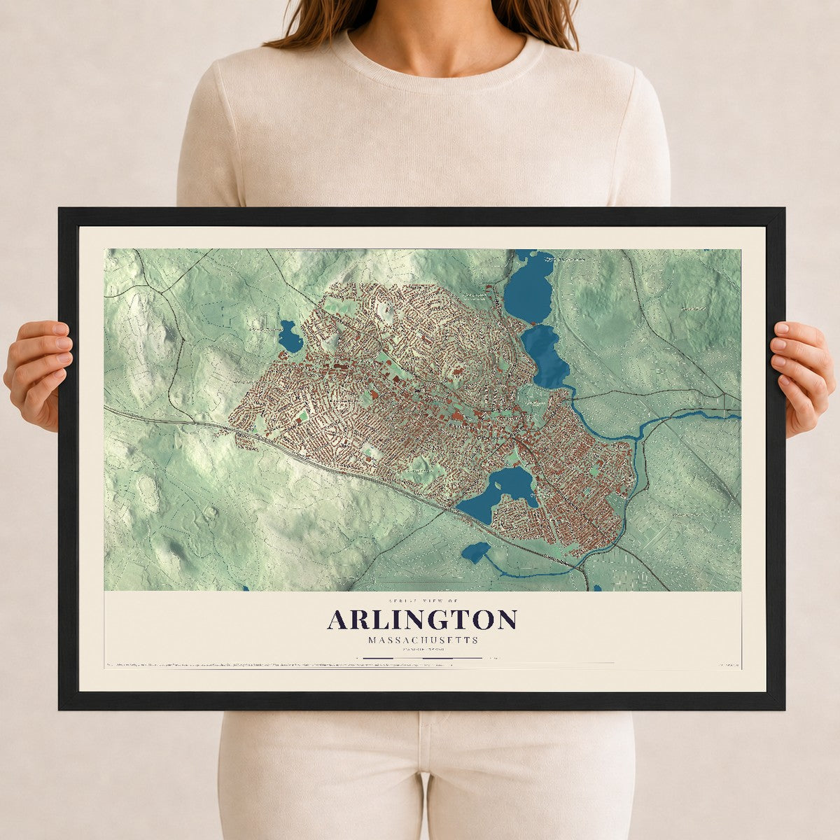 Arlington, Massachusetts map print - 12 x 18 black Ayous wood frame