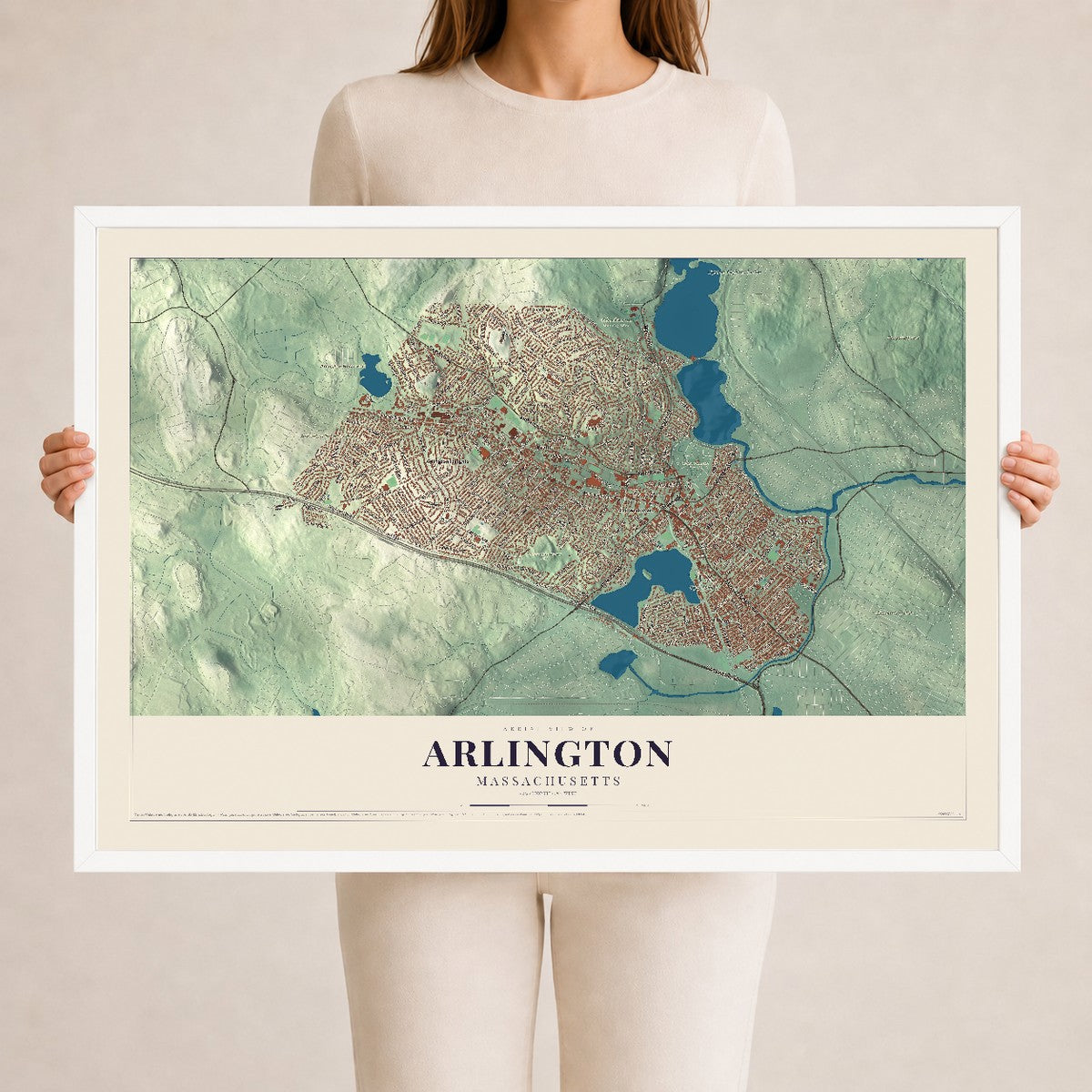 Arlington, Massachusetts map print - 24 x 36 white Ayous wood frame