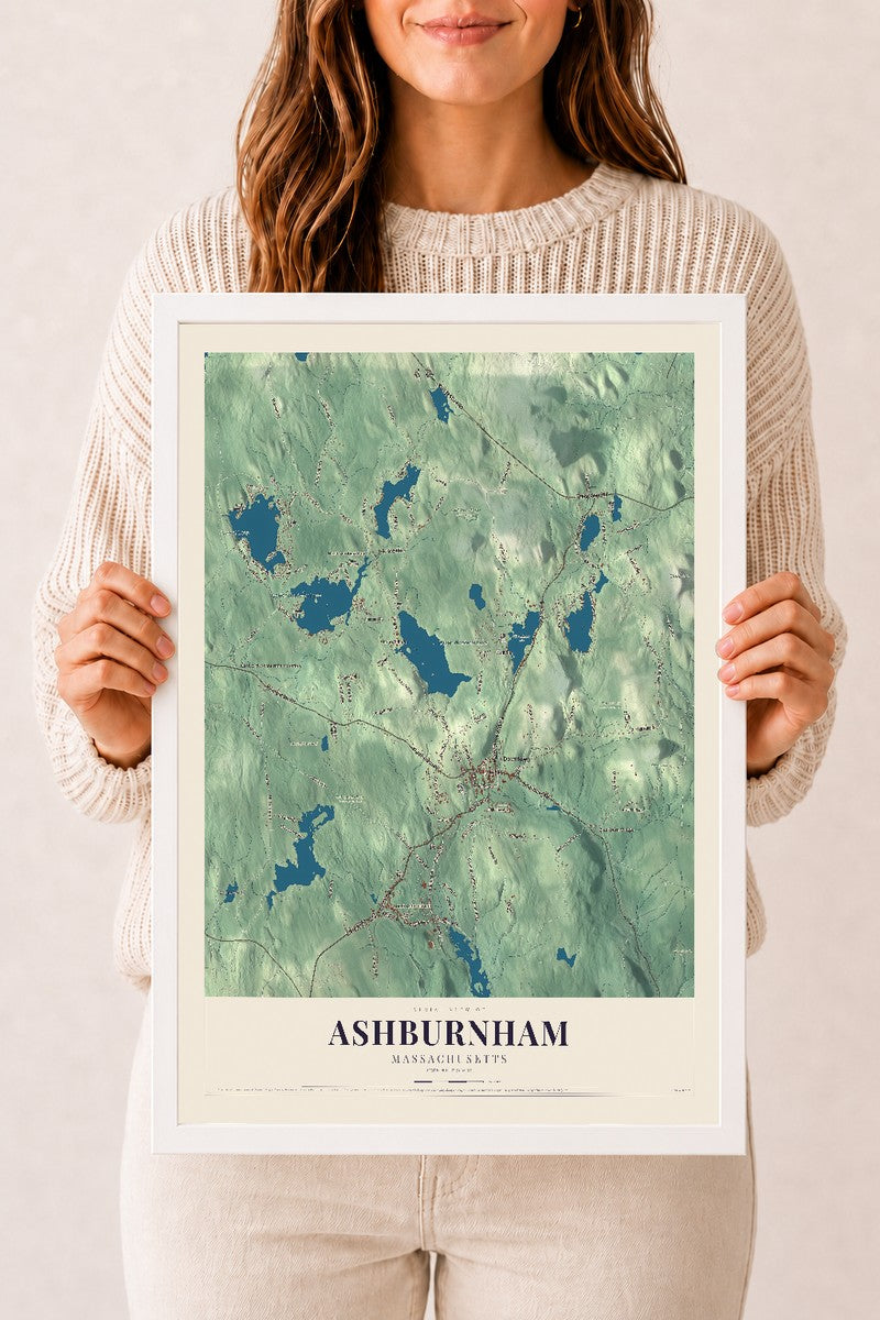 Ashburnham, Massachusetts map print - 12 x 18 white Ayous wood frame
