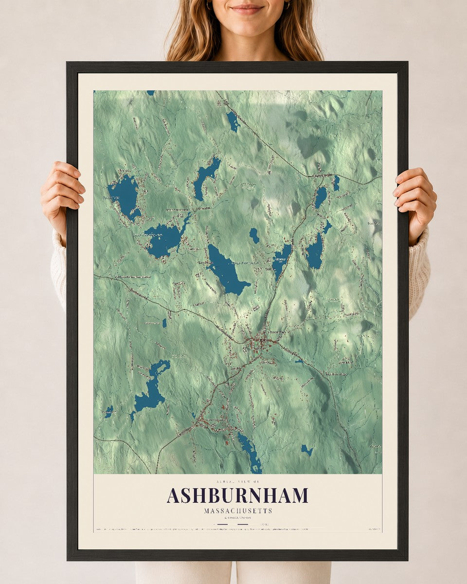 Ashburnham, Massachusetts map print - 24 x 36 black Ayous wood frame