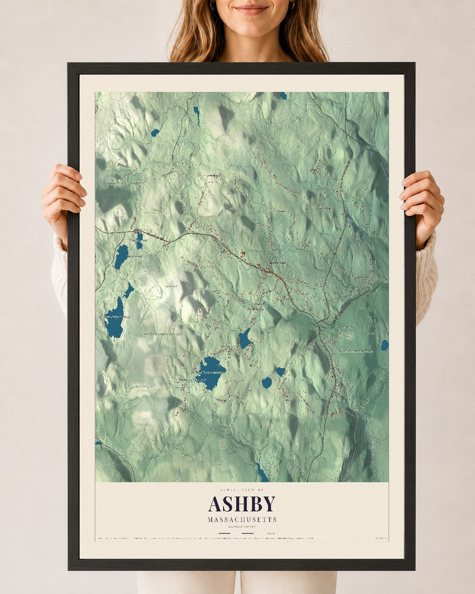 Ashby, Massachusetts map print - 24 x 36 black Ayous wood frame
