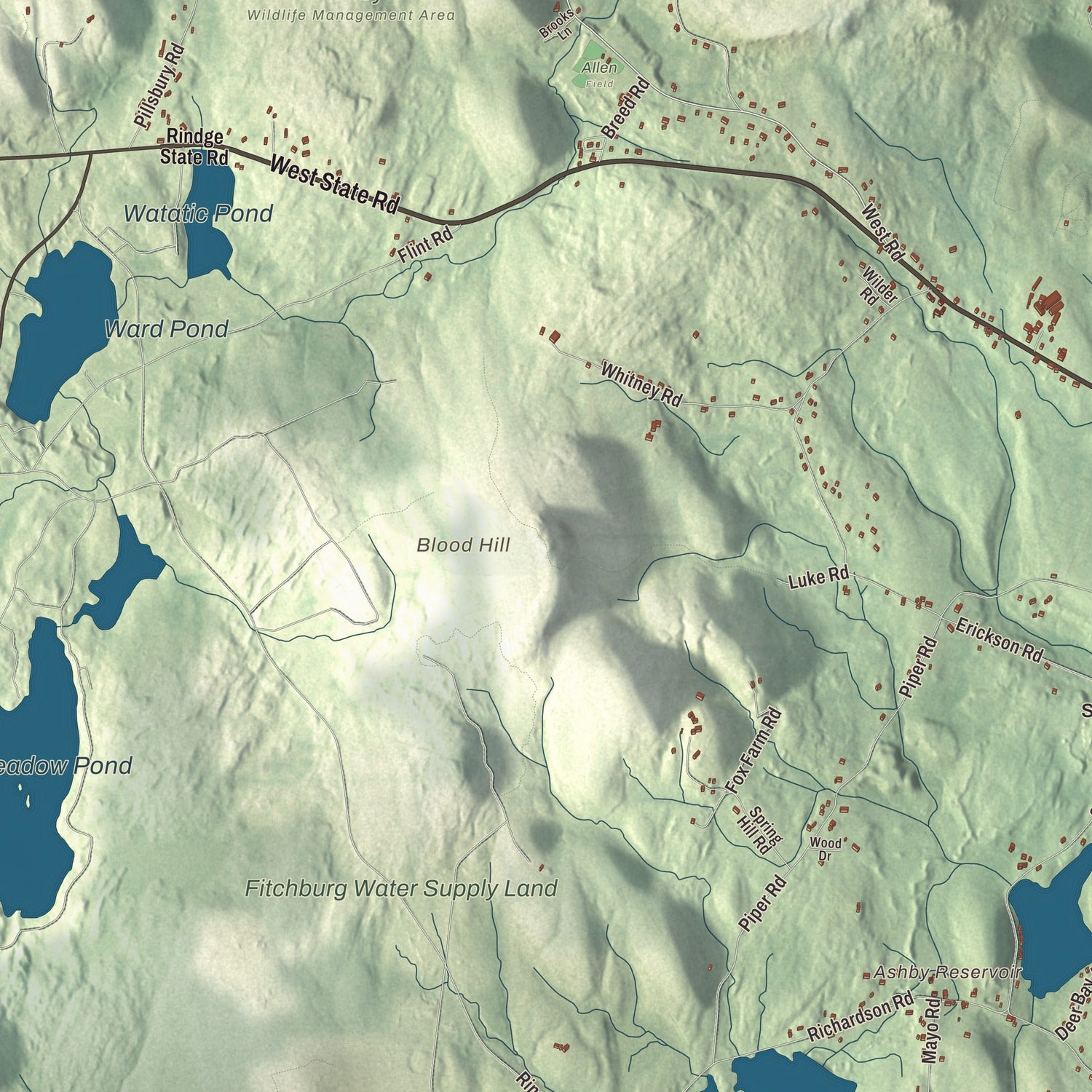 Terrain and local geography detail from the Ashby, Massachusetts map