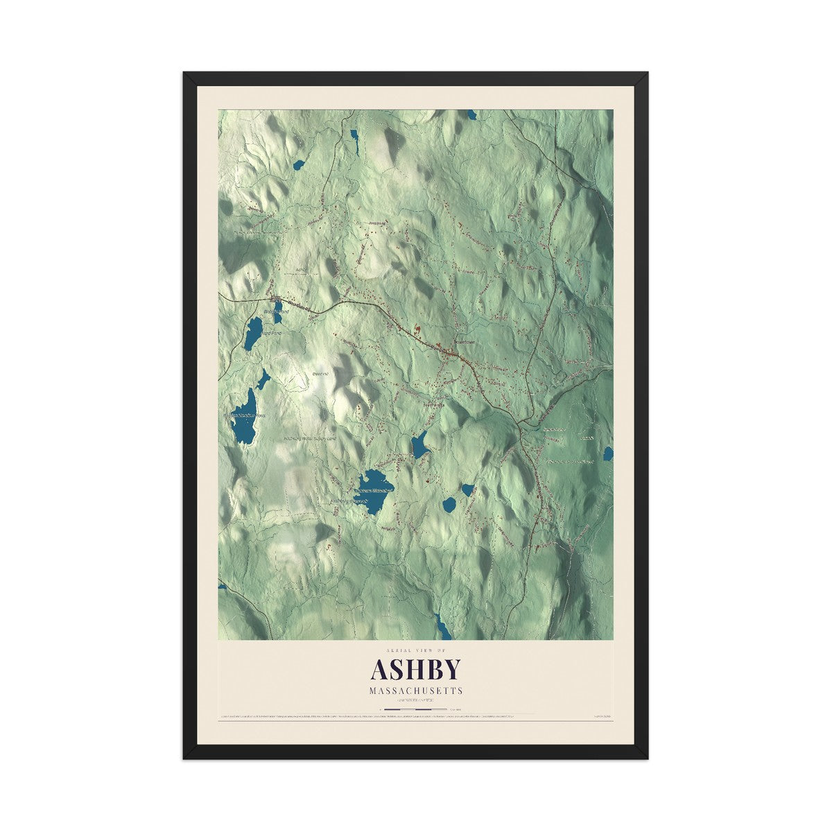Map of Ashby, Massachusetts, 12 x 18 inch print in a black wood frame