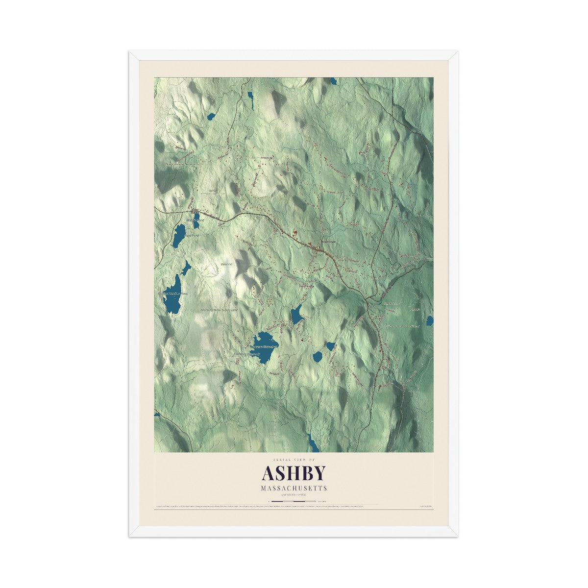 Map of Ashby, Massachusetts, 12 x 18 inch print in a white wood frame