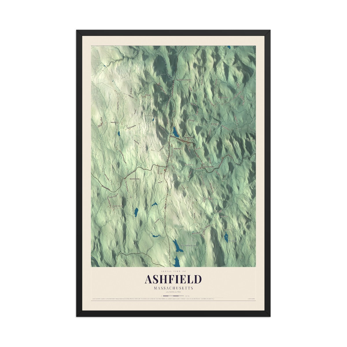 Map of Ashfield, Massachusetts, 12 x 18 inch print in a black wood frame