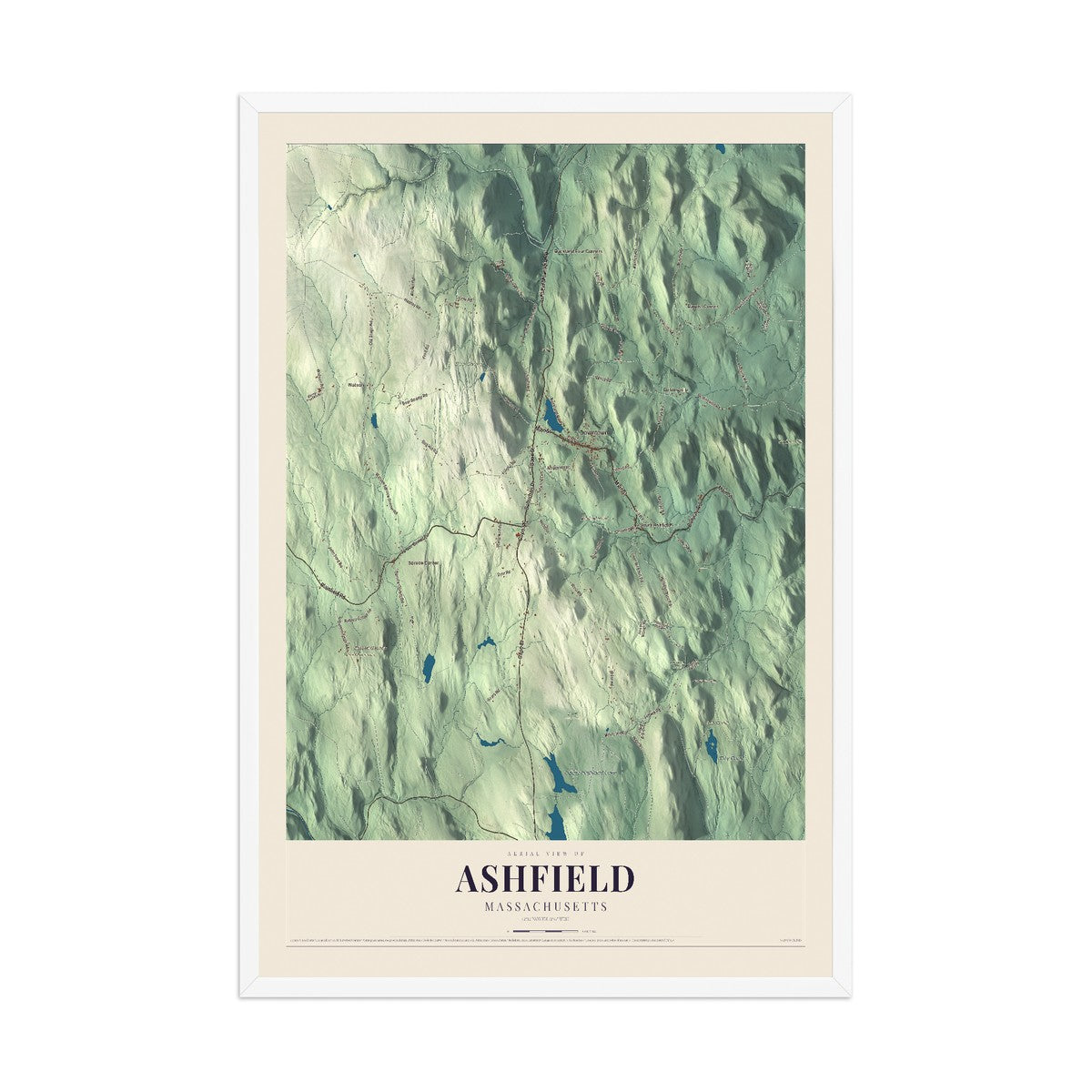 Map of Ashfield, Massachusetts, 12 x 18 inch print in a white wood frame