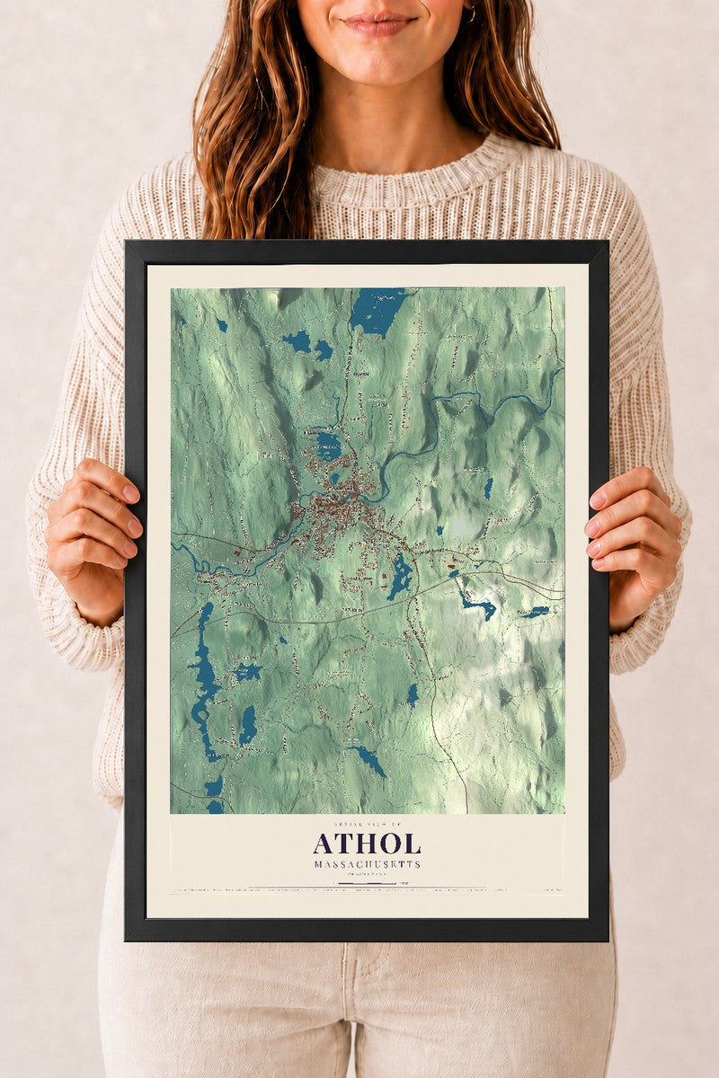 Athol, Massachusetts map print - 12 x 18 black Ayous wood frame