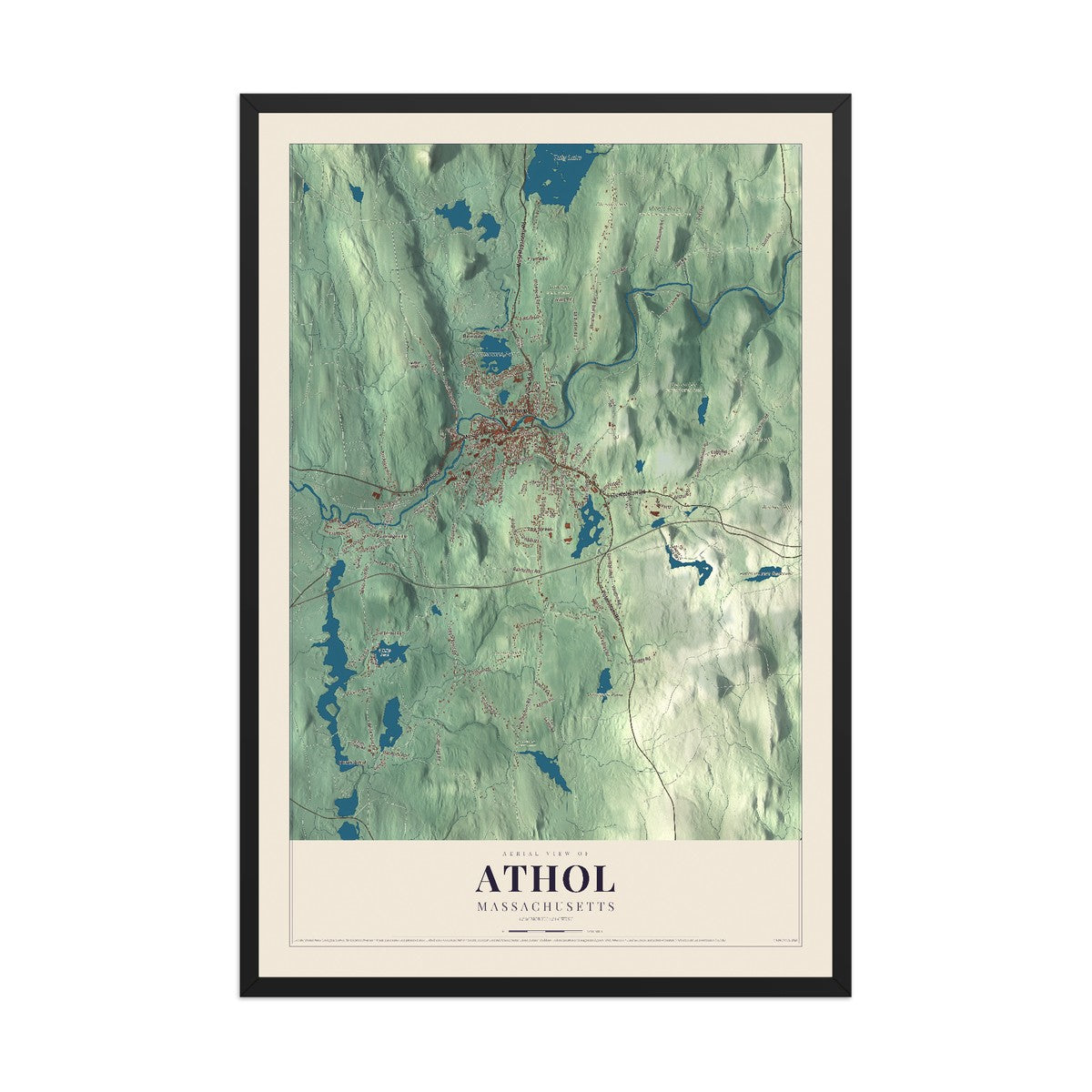 Map of Athol, Massachusetts, 12 x 18 inch print in a black wood frame