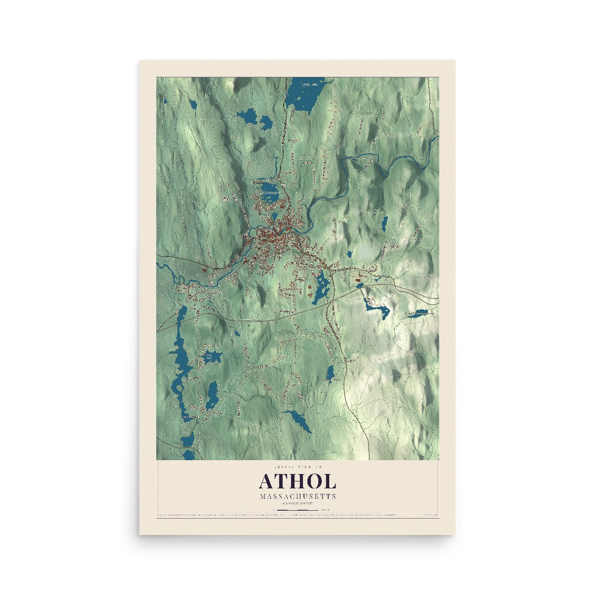 Map of Athol, Massachusetts, 12 x 18 inch unframed archival matte print