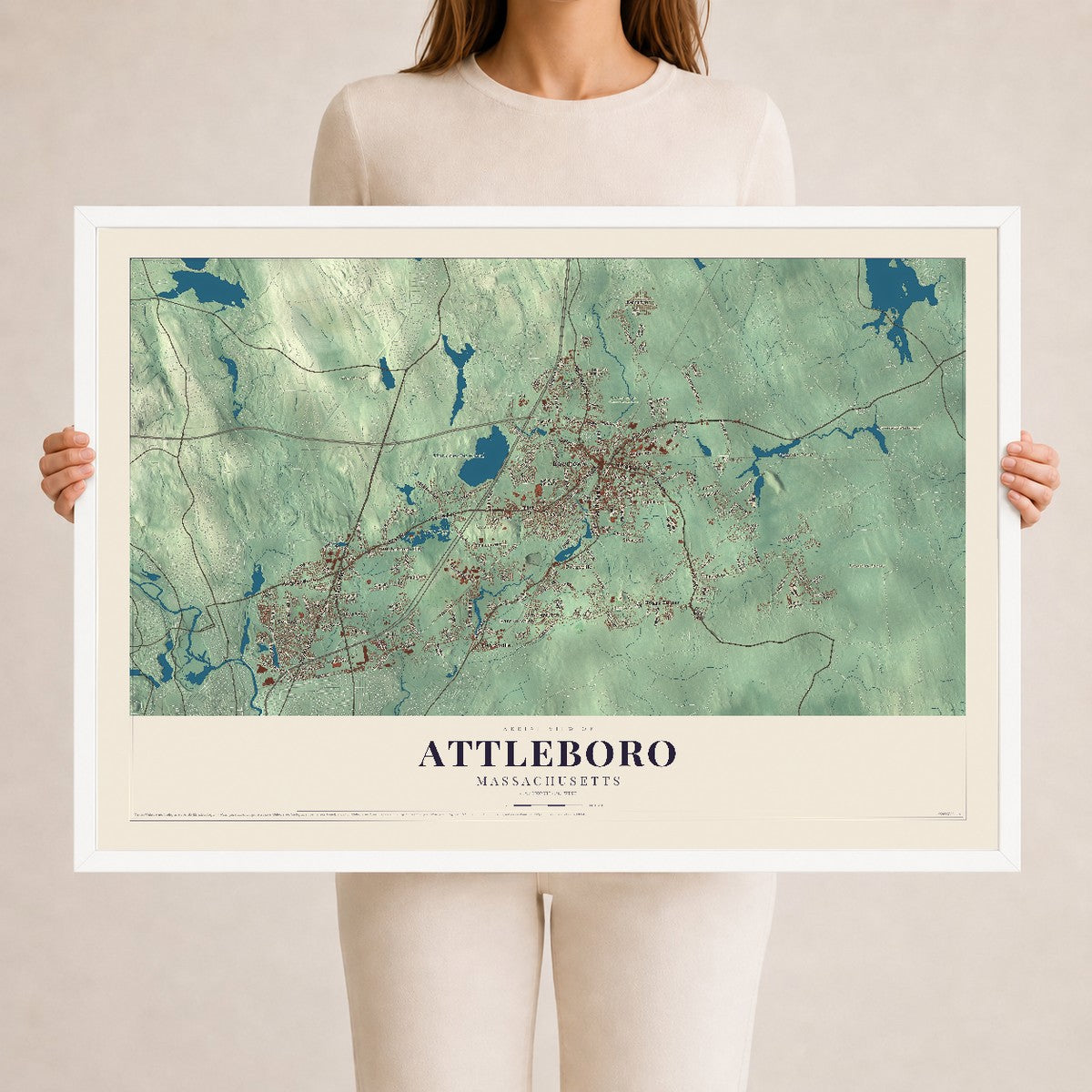 Attleboro, Massachusetts map print - 24 x 36 white Ayous wood frame