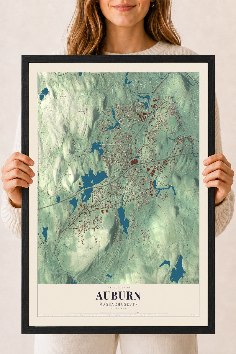 Auburn, Massachusetts map print - 18 x 24 black Ayous wood frame