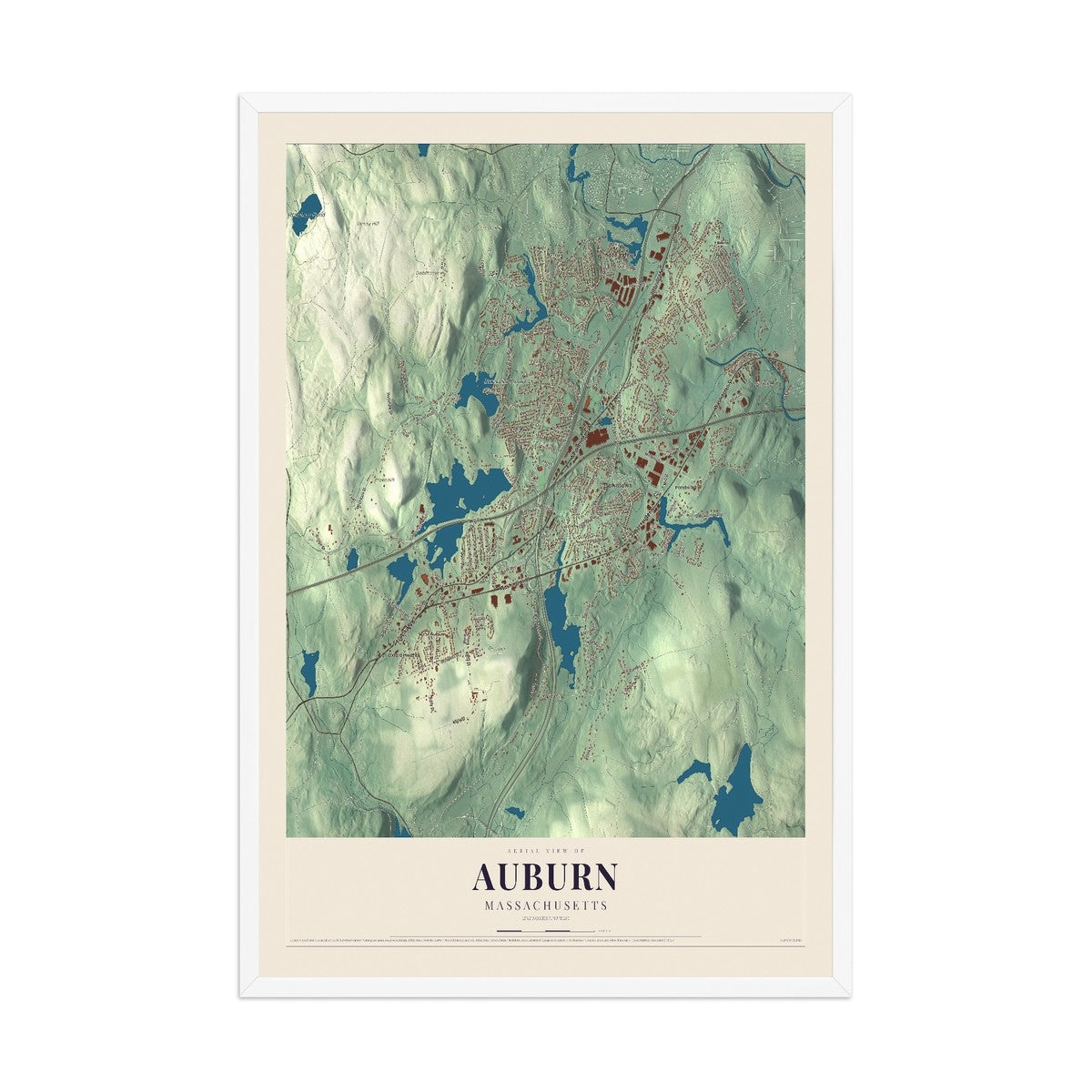 Map of Auburn, Massachusetts, 12 x 18 inch print in a white wood frame