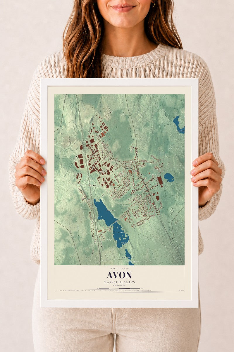 Avon, Massachusetts map print - 12 x 18 white Ayous wood frame