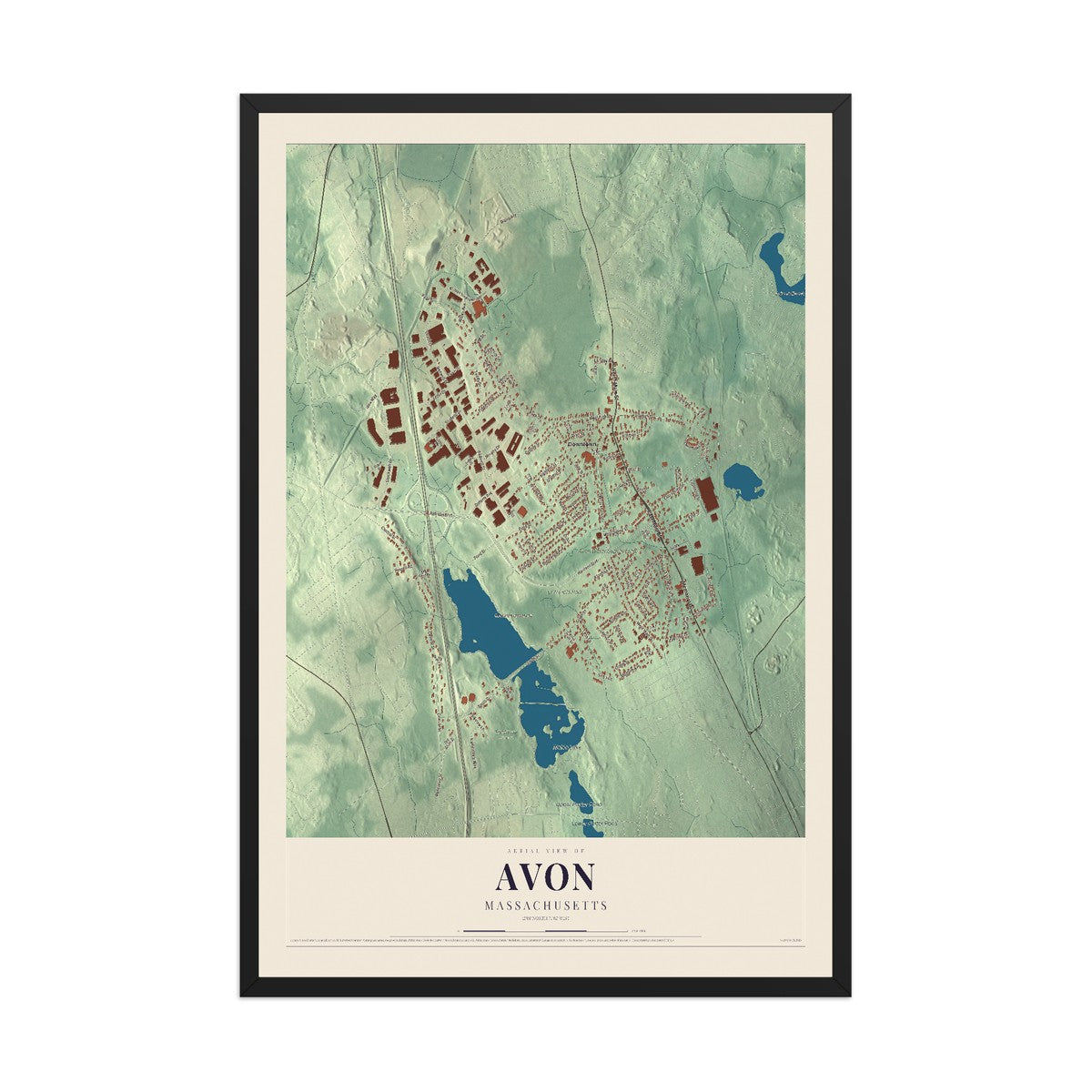 Map of Avon, Massachusetts, 12 x 18 inch print in a black wood frame