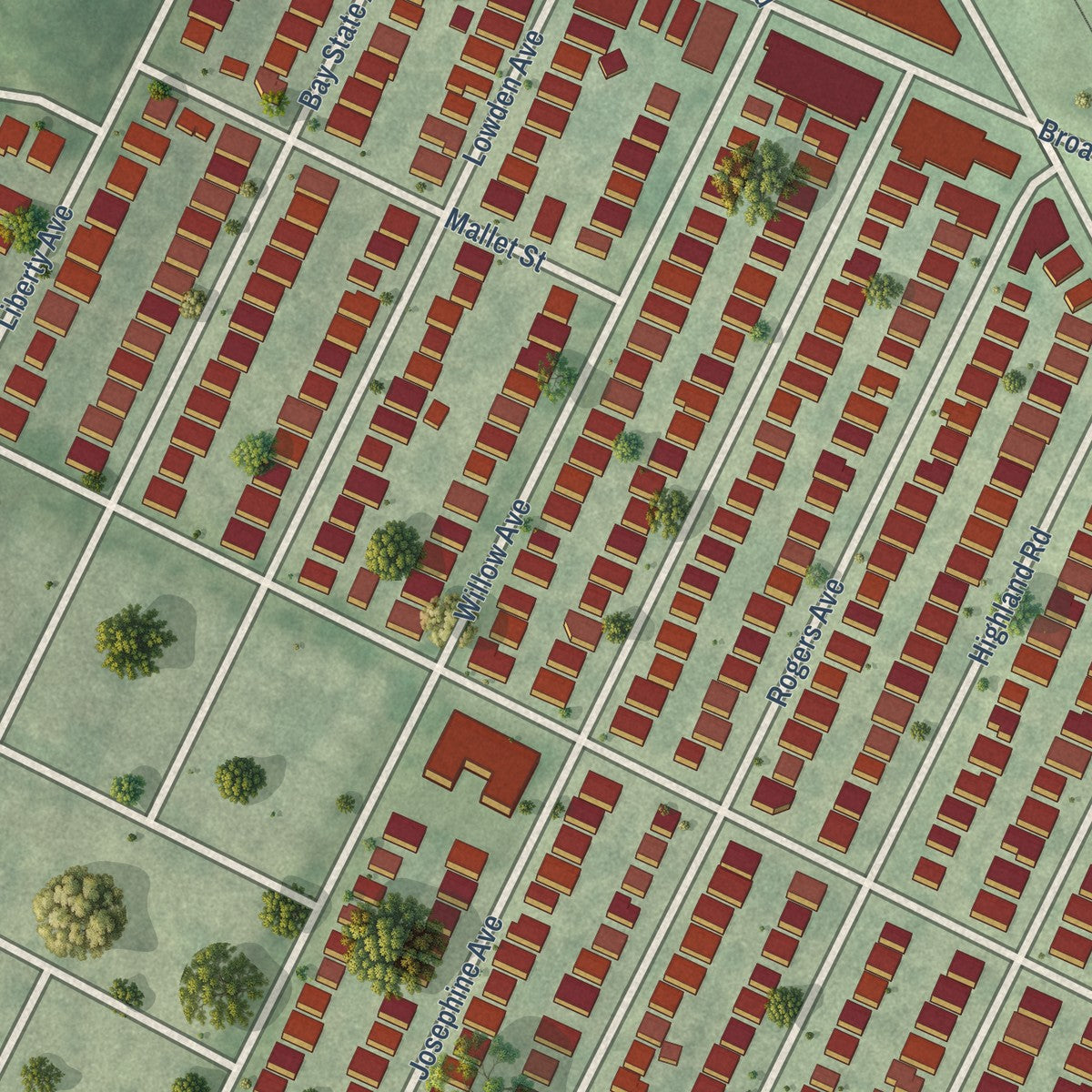 Close-up of the map of Ball Square, Massachusetts print showing street and building detail