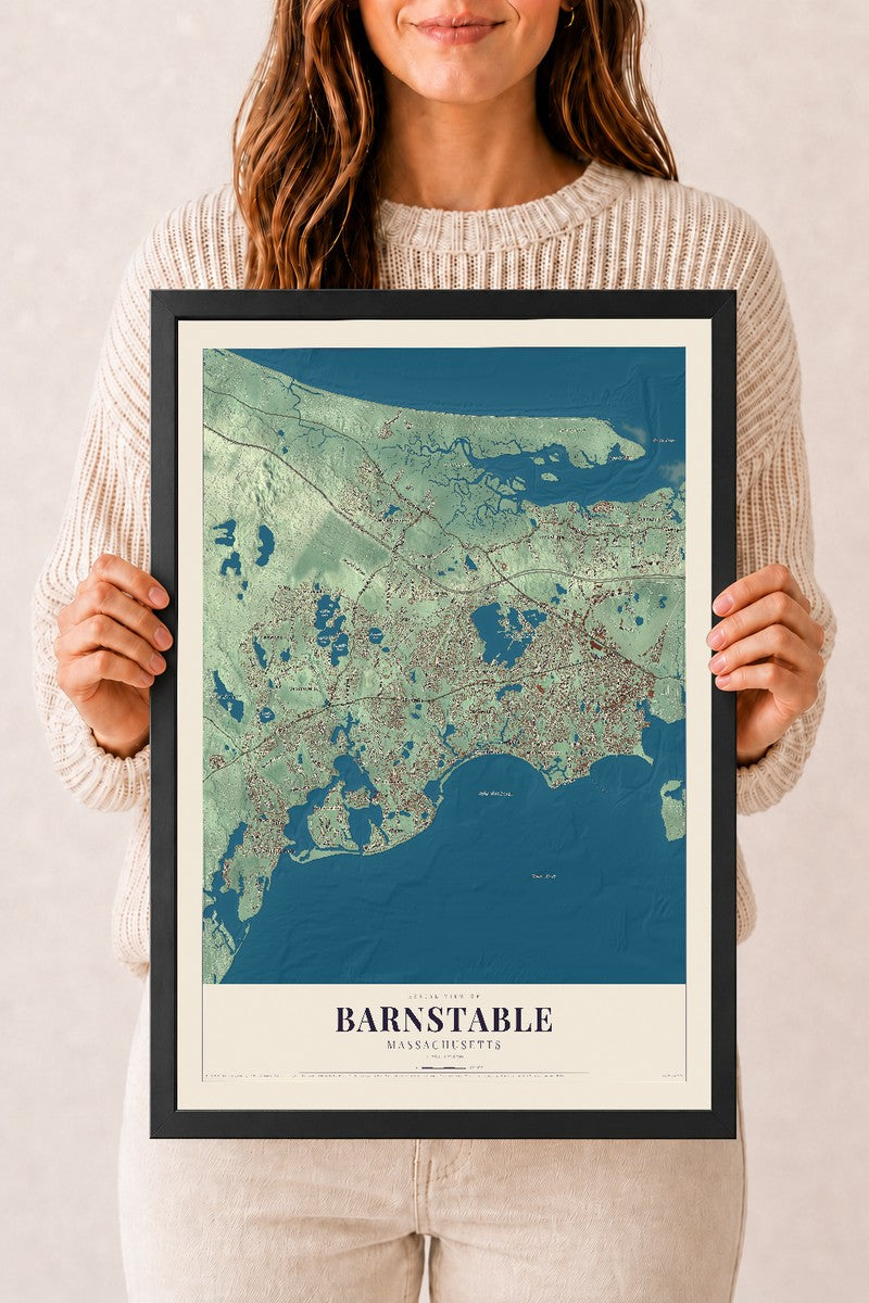 Barnstable, Massachusetts map print - 12 x 18 black Ayous wood frame
