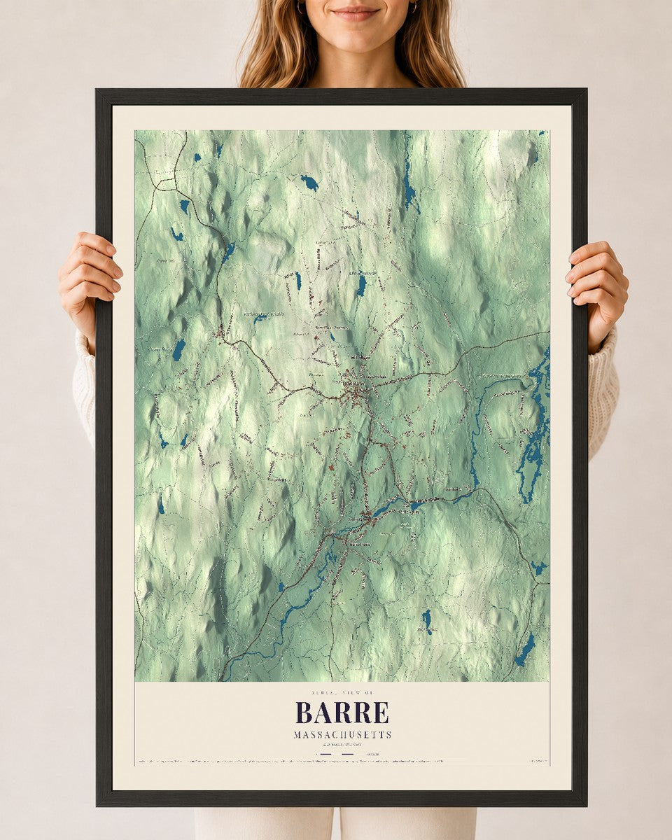 Barre, Massachusetts map print - 24 x 36 black Ayous wood frame