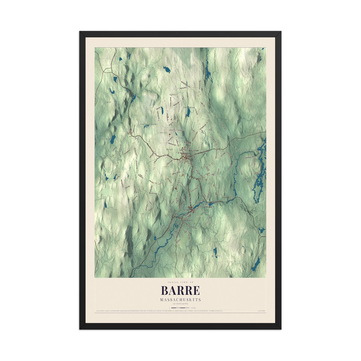 Map of Barre, Massachusetts, 12 x 18 inch print in a black wood frame