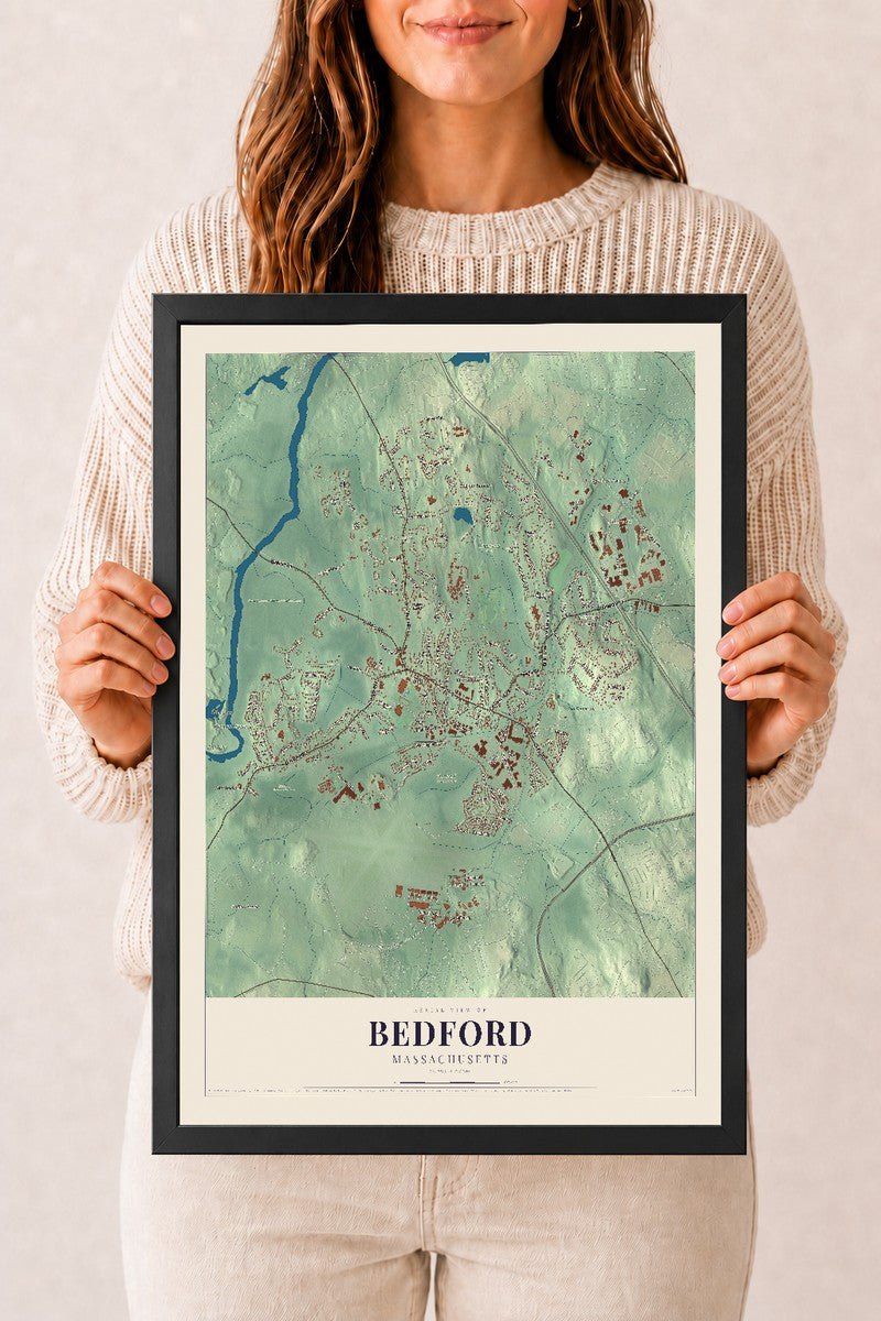 Bedford, Massachusetts map print - 12 x 18 black Ayous wood frame