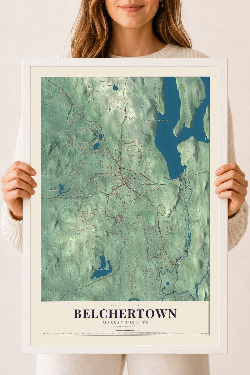 Belchertown, Massachusetts map print - 18 x 24 white Ayous wood frame