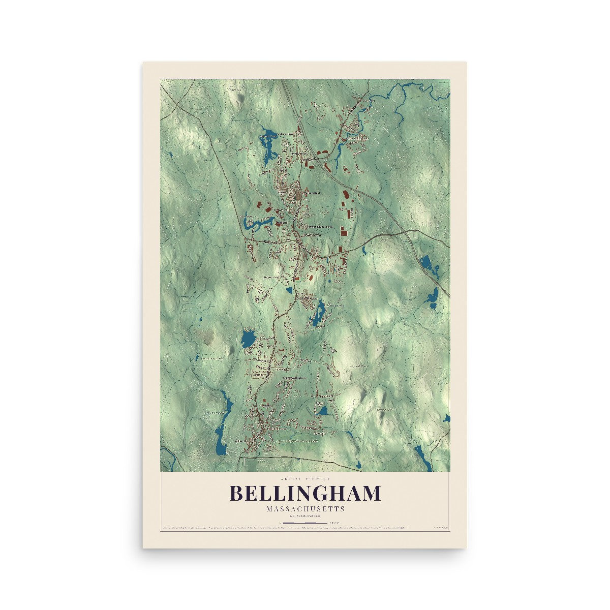 Map of Bellingham, Massachusetts, 12 x 18 inch unframed archival matte print
