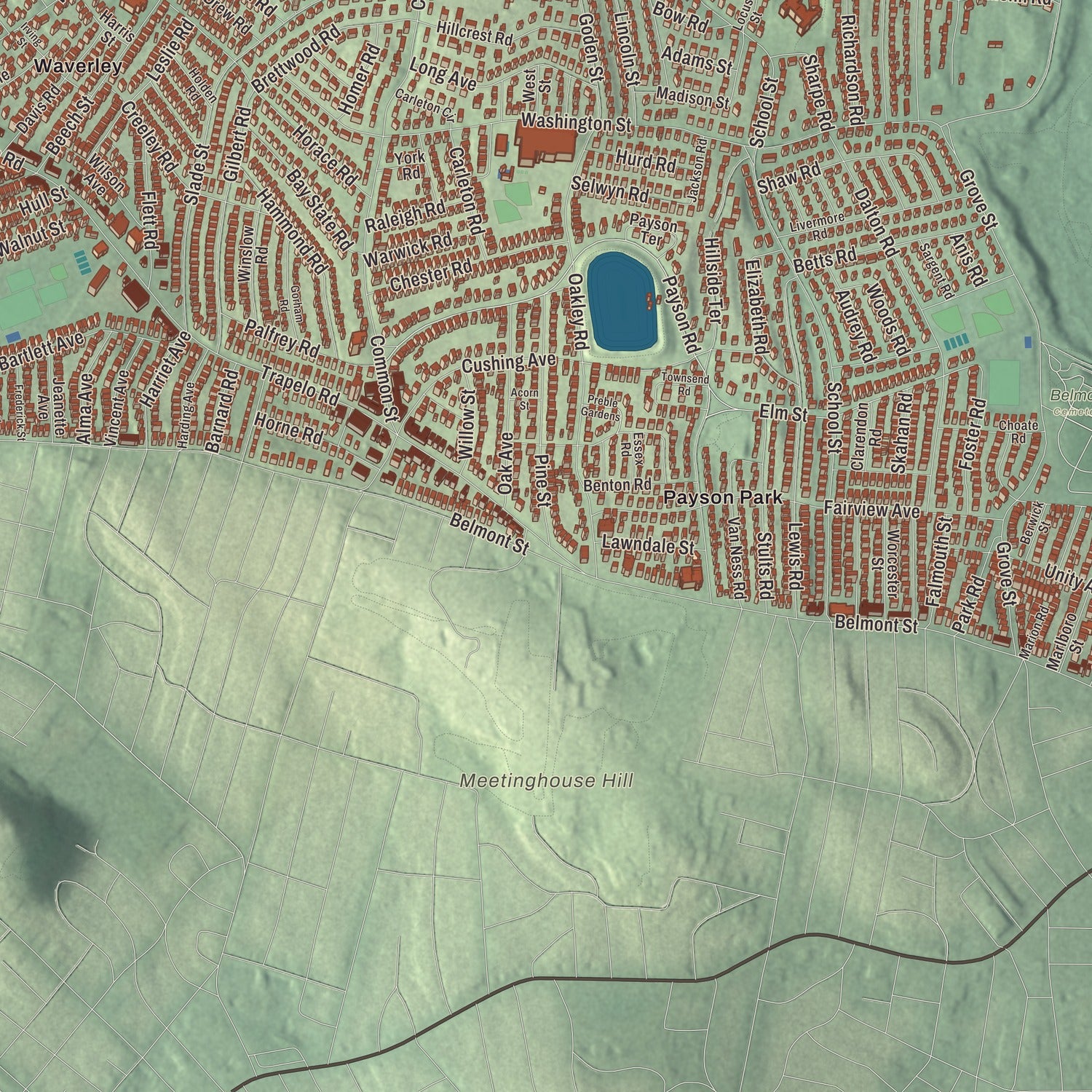 Terrain and local geography detail from the Belmont, Massachusetts map
