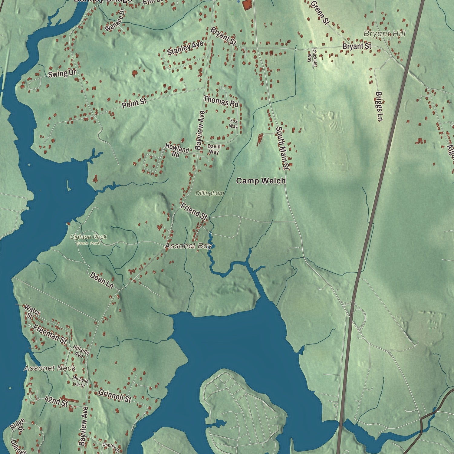 Terrain and local geography detail from the Berkley, Massachusetts map