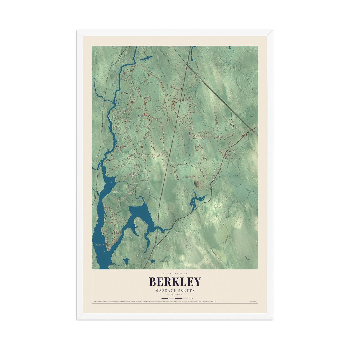 Map of Berkley, Massachusetts, 12 x 18 inch print in a white wood frame