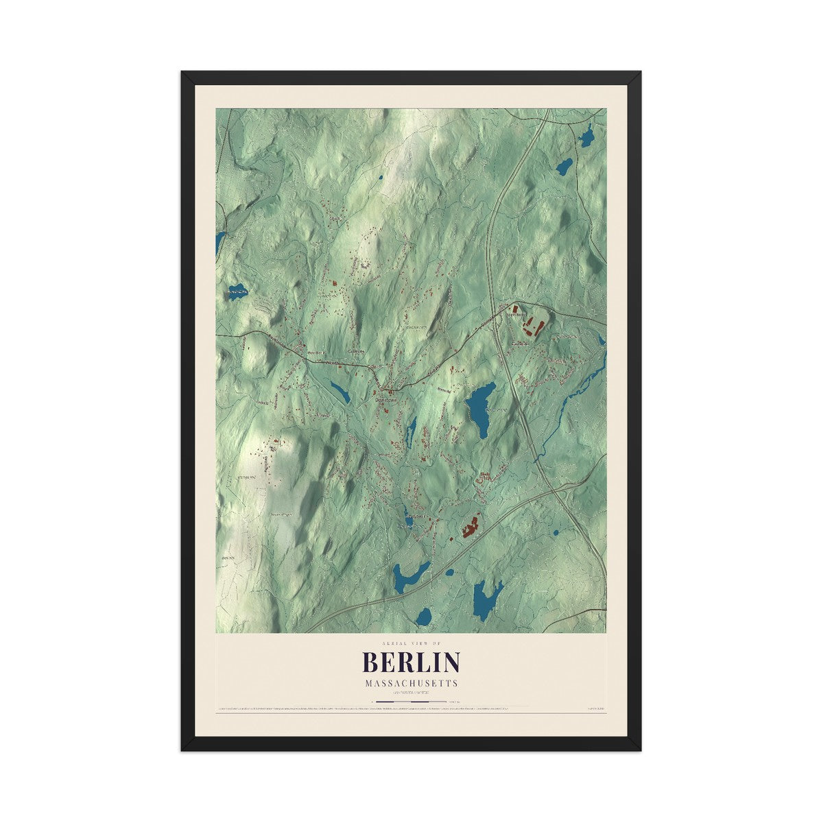 Map of Berlin, Massachusetts, 12 x 18 inch print in a black wood frame