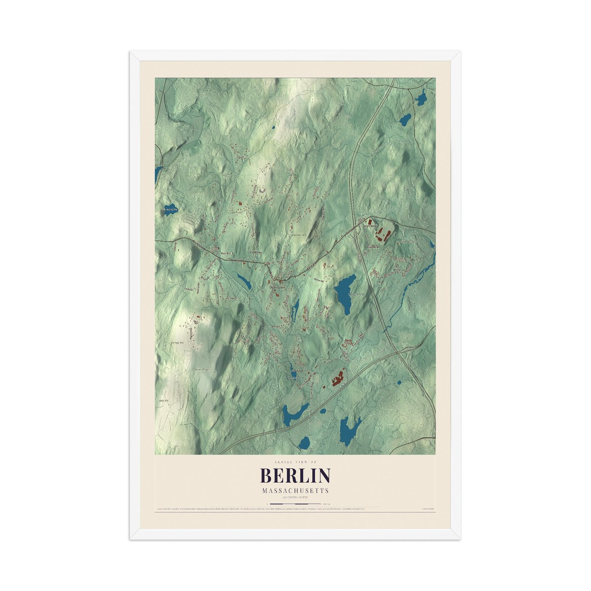 Map of Berlin, Massachusetts, 12 x 18 inch print in a white wood frame